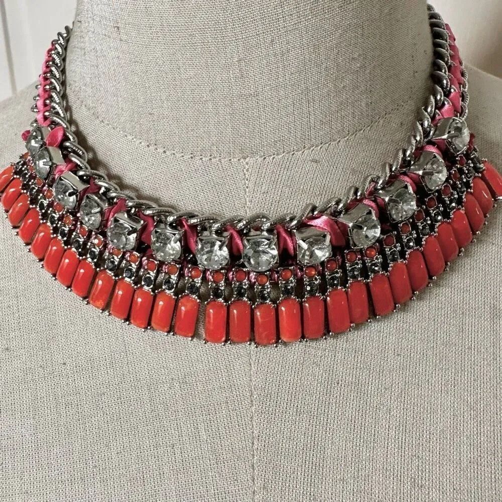 Ann Taylor Loft Rhinestone Pink Orange Summer neon silver necklace